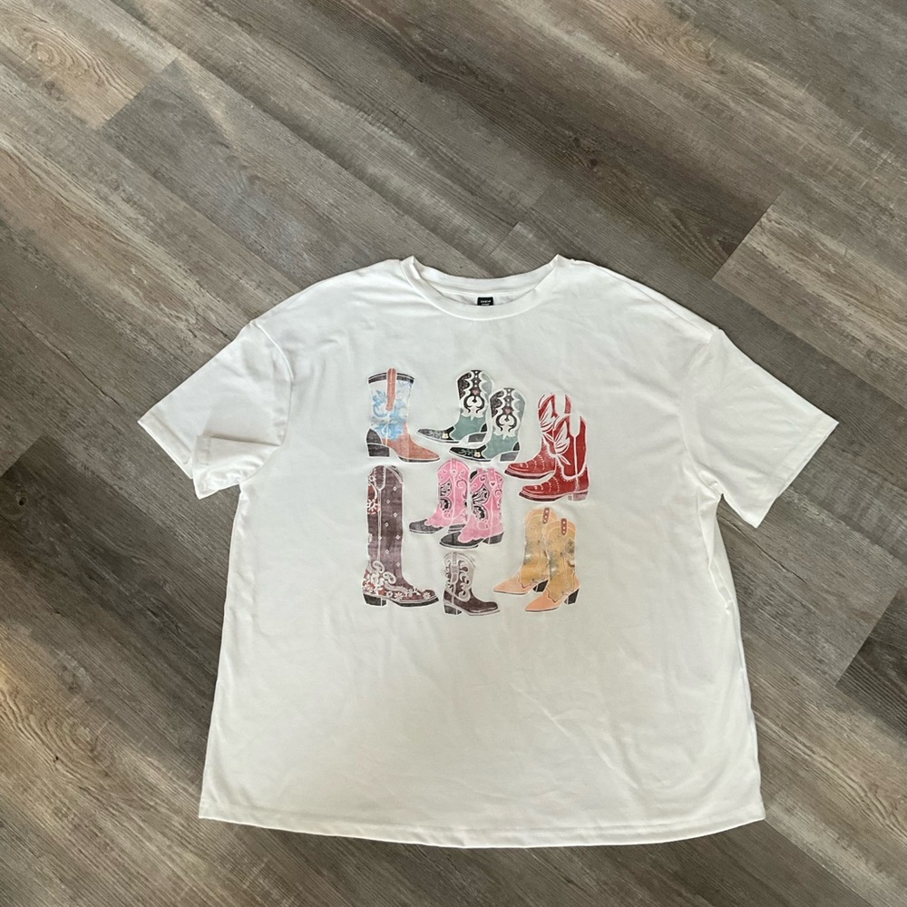 White T-Shirt with Colorful Boot Print
